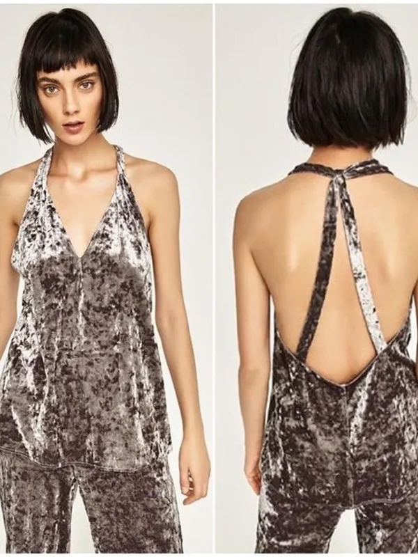 Zara Gray Silver Crushed Velvet Halter Tank Open Back S NWT - Image 2