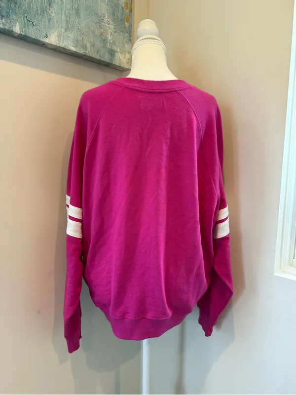 Old Navy Magenta Crewneck Sweatshirt with White Sleeve Stripes - Image 2