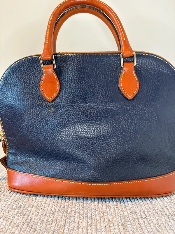 Dooney & Bourke Pebbled Leather Dome Satchel Bag Navy Blue Brown Trim - Image 3