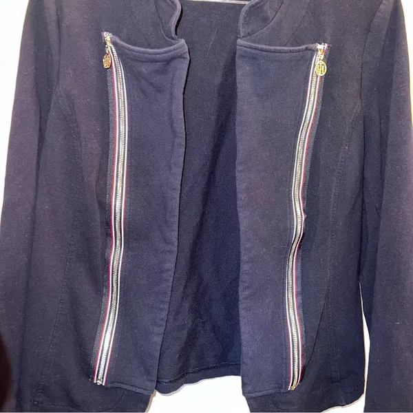 Tommy Hilfiger Navy Zip Front Jacket Gold Logo Details Size L‎ - Image 5