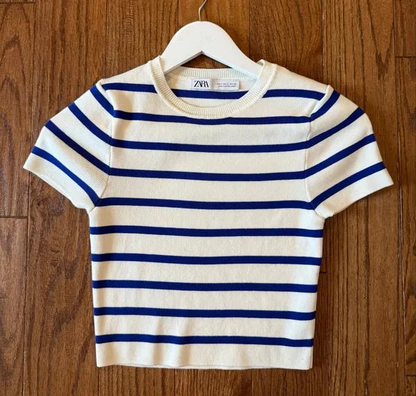 Zara white and blue striped cropped baby tshirt size M - Image 6