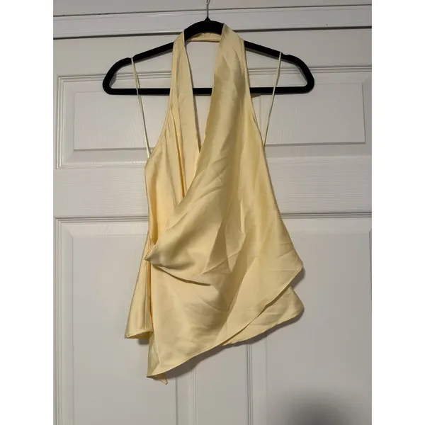 Zara Light Yellow Halter Top Satin Effect Asymmetrical Summer Festival Flowy - Image 4