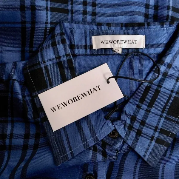 NWT!! WEWOREWHAT Boyfriend Shirt Plaid Navy Blue Collared Oversized Small Medium - Image 9