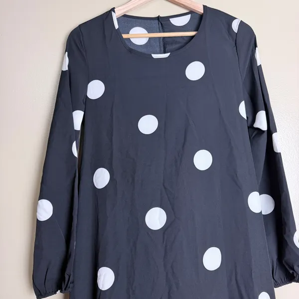 Black White Polka Dot Ruffled Hem Midi Dress Flowy Retro Mod Belted Women Size M - Image 3
