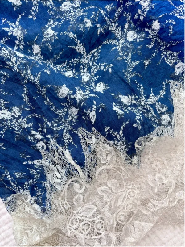 Women's Free People Blue Floral Mini Dress with Lace Trim, Size L - Image 8