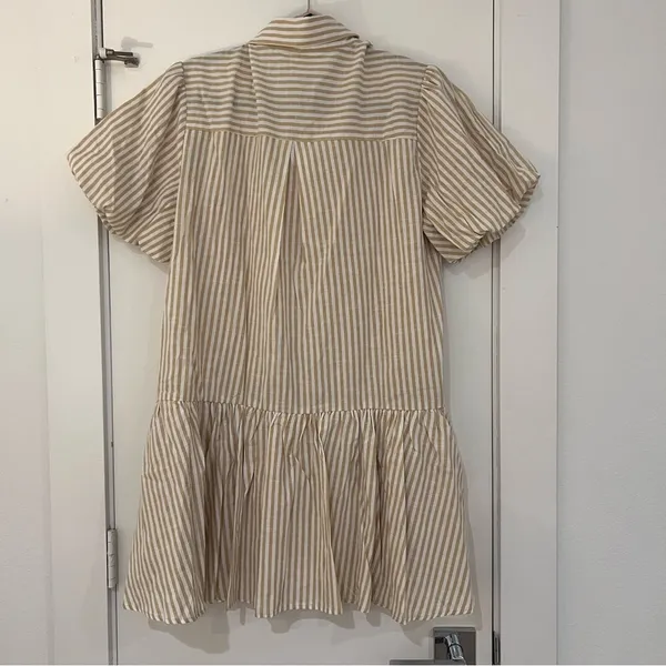 In the Beginning Tan and White Stripped Mini Cotton Dress Marissa Button Down - Image 9