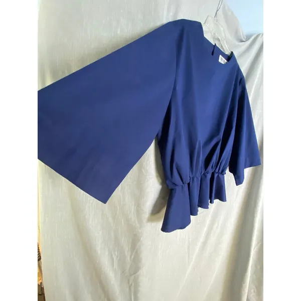 Toit‎ Volant Navy Open Back Peplum Blouse Bell Sleeve Top M USA - Image 10