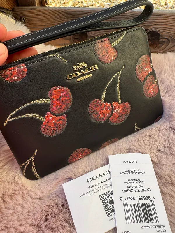 NWT Coach CDF05 Corner Zip Wristlet With Cherry Print Smooth Leather Black Multi - Image 4