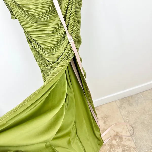 Lulus Seren Olive Green Plisse Surplice Maxi Dress Formal Long Sleeve Small NWT - Image 10