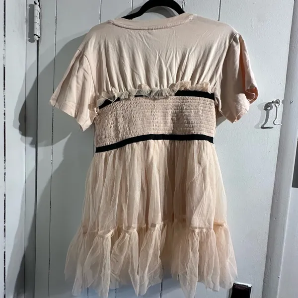 Anthropologie Cream Tulle Babydoll Dress with Black Ribbon - Image 5