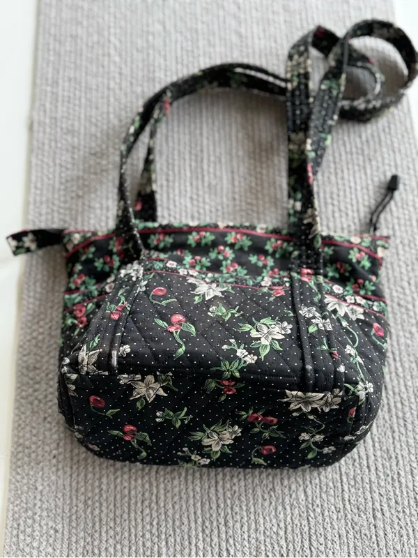 Vintage Handmade Quilted Sewing Bag Black Cherry Print - Image 6