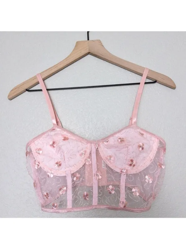 Floral Embroidered Lace Underwire Bralette M Pink Sheer Lingerie Bra Sequin - Image 3