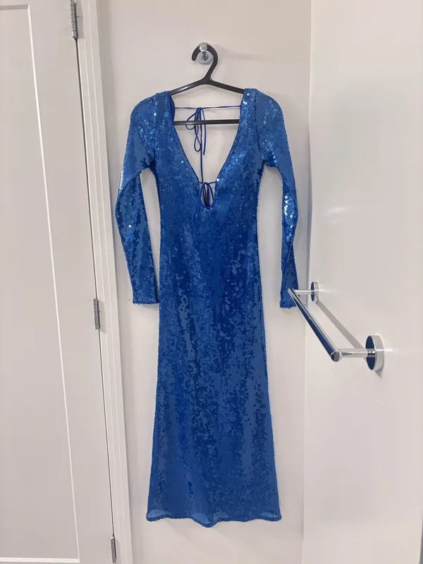 Bardot Verona Sequin Dress in a striking cobalt blue, featuring allover shimmering sequins and a delicate tie-front detail. - Image 2