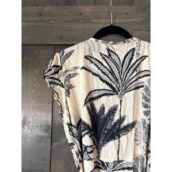 Tropical Palm Print Wrap Dress Cream Black Ruffle High Low Midi Small‎ - Image 5