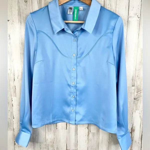 Something New Women's Long Sleeve Button-Up Satin Shirt Blue Size M Western - Image 3