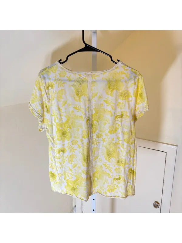 Anthropologie Pilcro EUC Women's Yellow Floral Short Sleeve V-Neck Top L - Image 5