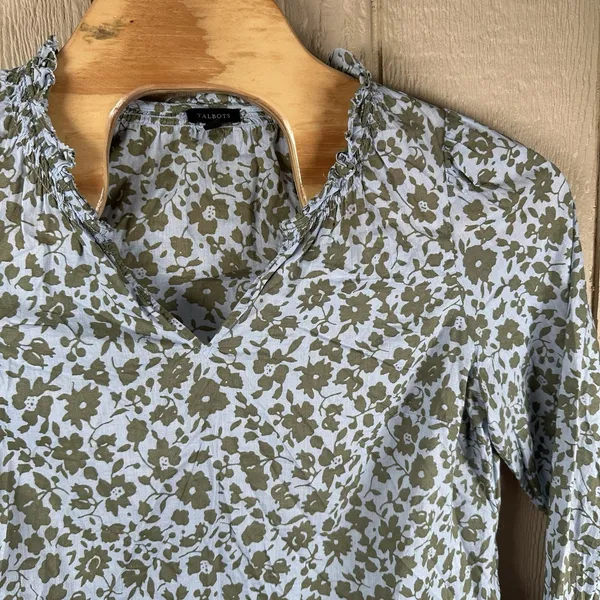 Talbots Cotton Popover Top Large Blue Sage Green Floral Ruffle Trim Long Sleeve - Image 2