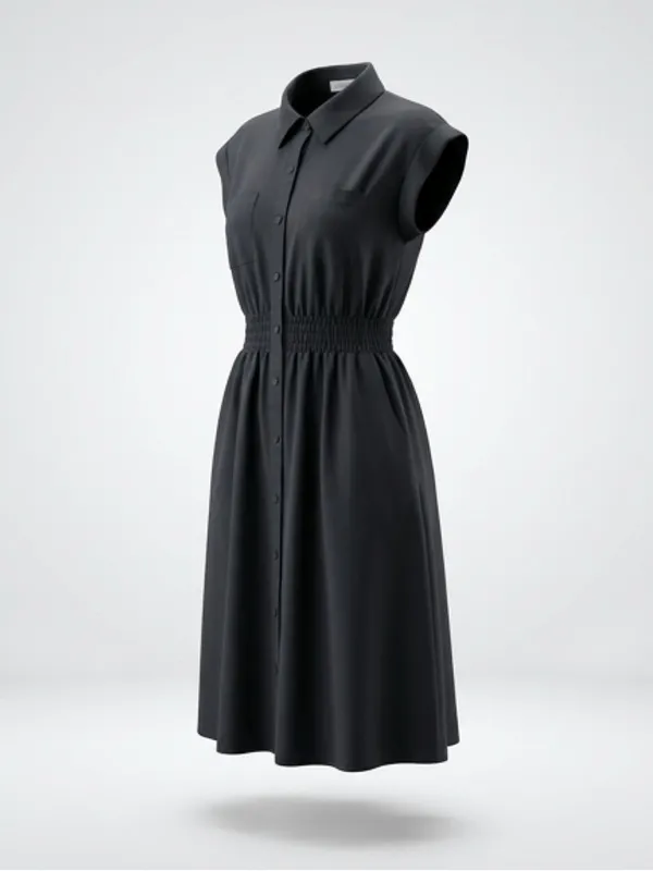 Black Button-Front Shirtdress with Smocked Waist‎ - Image 3