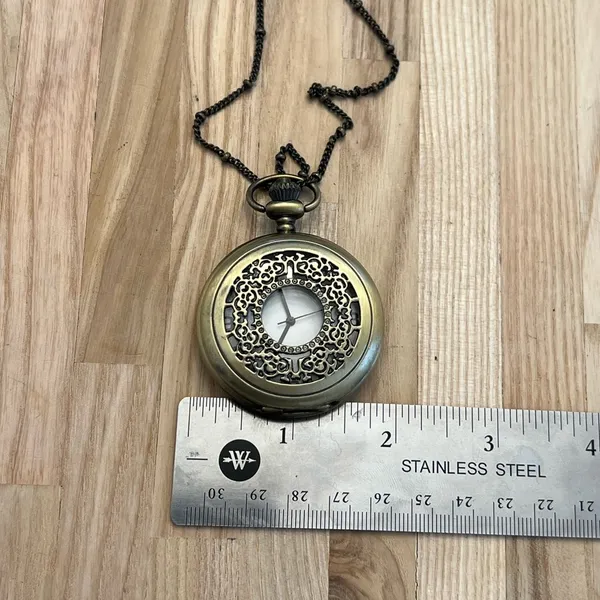 Brass Steampunk Filigree Pocket Watch and Link Chain Vintage Beautiful - Image 9