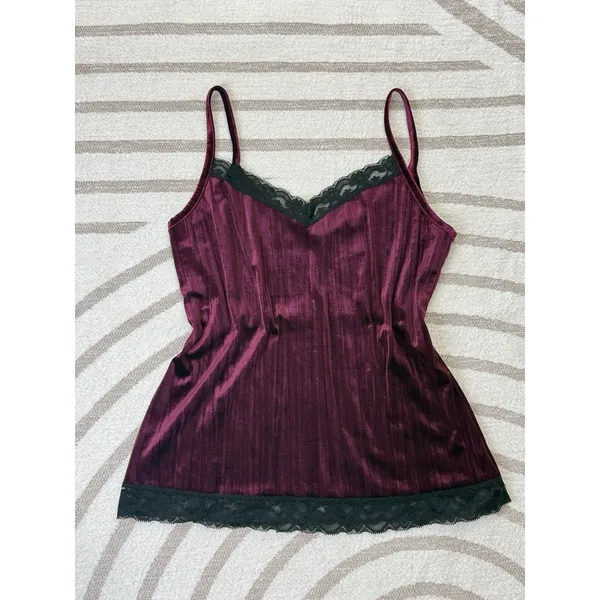 90s Y2k Womens Burgundy Velvet Lace Babydoll Vampy Whimsigoth Cami Tank Top Sz M - Image 2