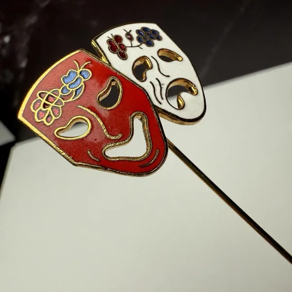 Comedy Tragedy Drama Mask Lapel Stick Pin Gold Tone Enamel White Red - Image 4