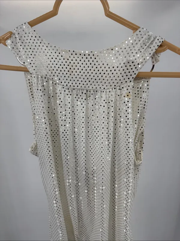 Lipstick Silver Sequin White Sleeveless banded Top ring detail L draped neck Y2K - Image 3
