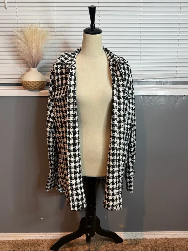 Shoedazzle Black & White Houndstooth Bouclé Shacket Jacket Oversized Medium - Image 5