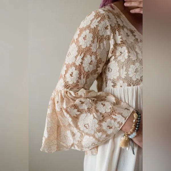 Boho Lace Bell Sleeve Babydoll Mini Dress / Tunic Festival Hippie Cottagecore M - Image 4