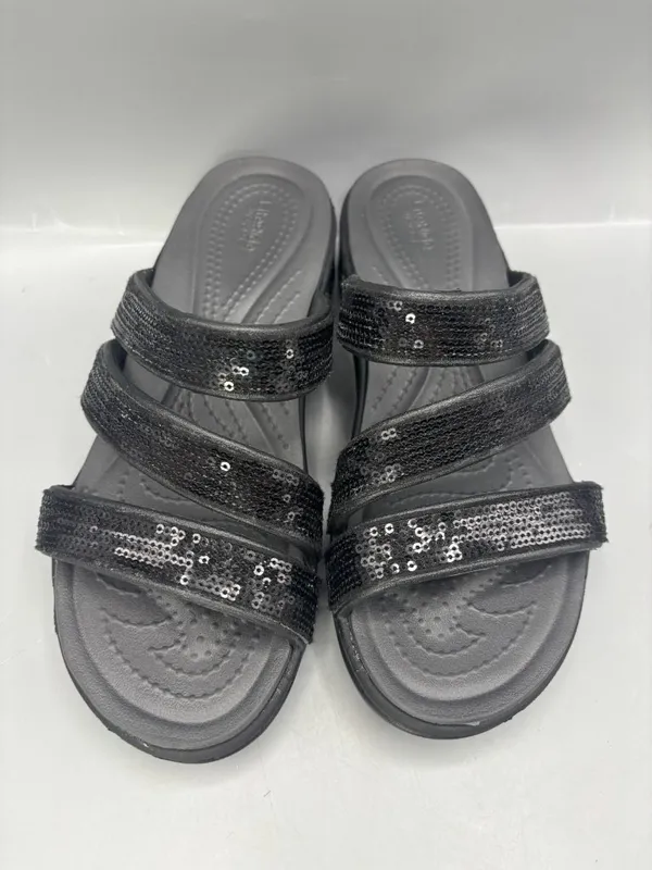 Crocs Boca Strappy Wedge Sandal Womens Black 6 Sequin Slip On Open Toe Comfort - Image 3