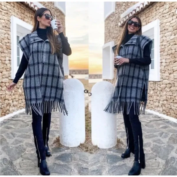 ZARA Plaid Wool Blend Oversized Poncho‎ Fringe Hem size XS - Image 2