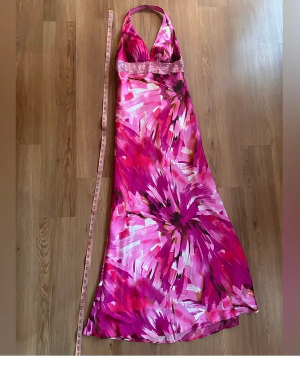 Morgan & Co Pink Floral Maxi Dress 5/6 Y2K Halter Sequin Formal Prom Gown - Image 4