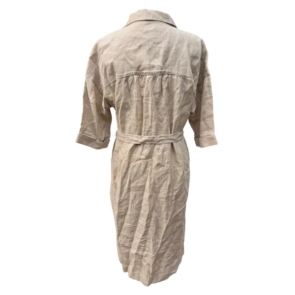 Tahari Womens 100% Linen Belted Button Down Shirt Dress Tan Beige Small - Image 7