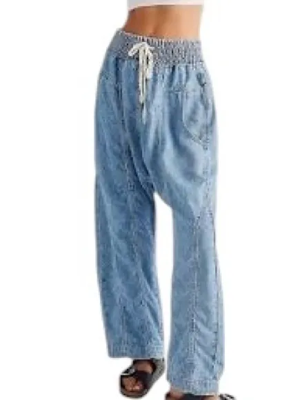 We The Free Arcadia Denim Harem Pants Jeans Blue Sz M Drawstring Relaxed Baggy - Image 3