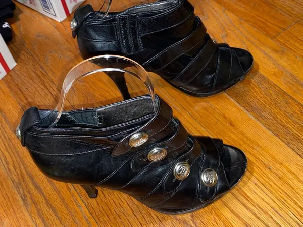 Coach Black Leather Peep Toe Button Gladiator Heels - Image 4