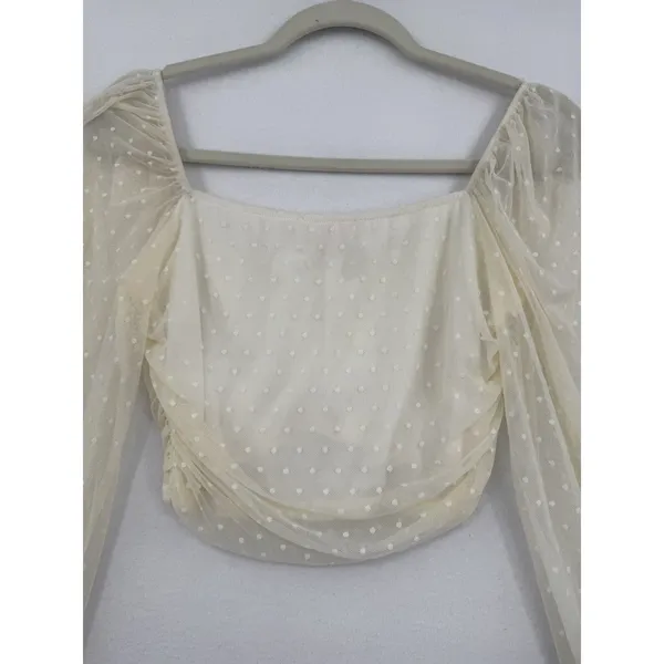 Blue Blush Coquette Crop Top Y2K Romantic Ivory Swiss Dot Mesh Beige Fairycore M - Image 4