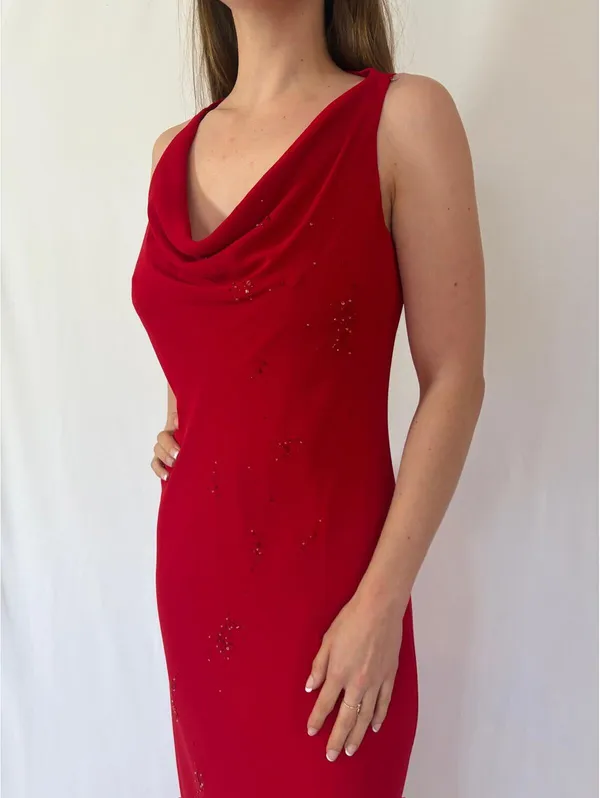 Jones New York Red Beaded Cowl Neck Formal Elegant Evening Dress - Image 5