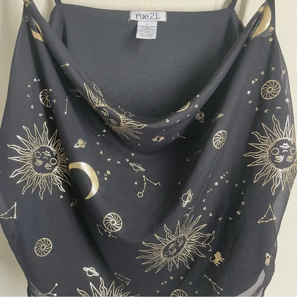 Rue21 Vintage Y2K Celestial Print Cowl Neck Cami Top Chain Straps Black Gold L - Image 3
