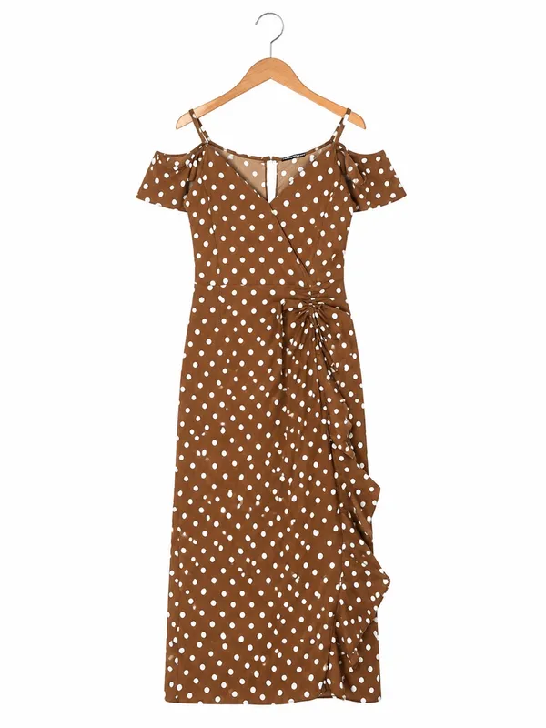 ZXQJ Brown Polka Dot Cold Shoulder Midi Wrap Dress Ruffle Pretty Woman Small S - Image 2