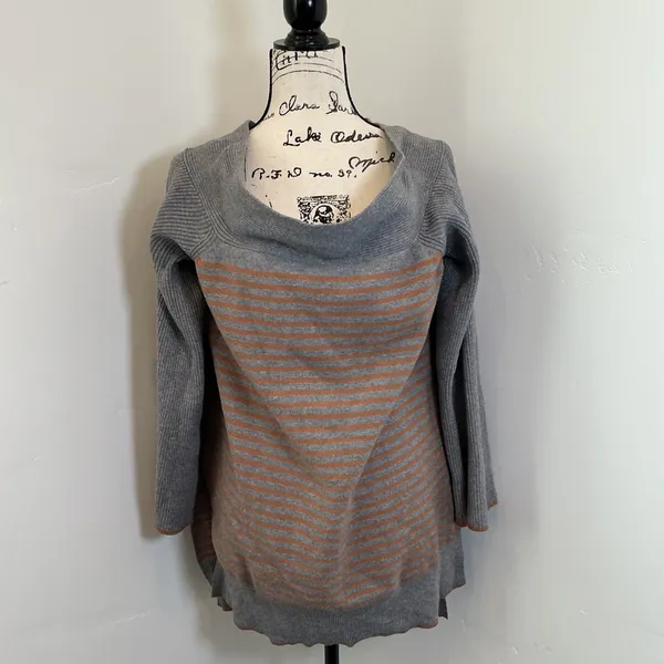 Anthropologie Elise Ribbed Off Shoulder Sweater Gray Orange Striped XL Boho - Image 2