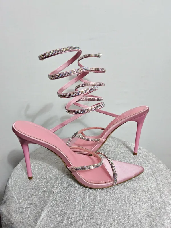 Pink Rhinestone Spiral Stiletto Heels 💎 Satin Pointed Toe | Size 8 | CG Logo)B14 - Image 4
