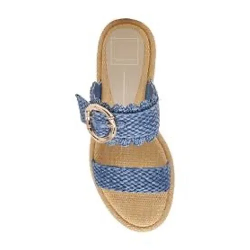 Dolce Vita Blue Woven Scalloped Buckle Slide Sandals Womens 8.5 Flat Summer Shoe - Image 2