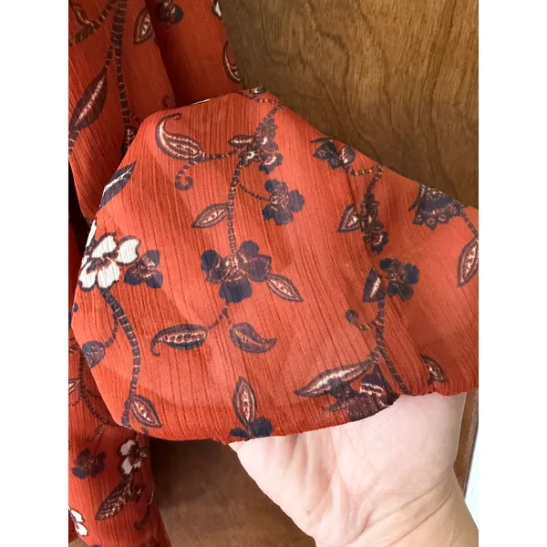 Loft sz M Ruffled Sheer Rust Red Floral Embroidered Crochet Blouse Top Bohemian - Image 7