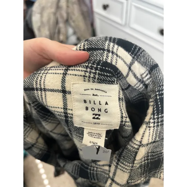 Plaid Flannel Button Down Billabong Black White Checkered Long Sleeve Shirt S‎ - Image 3