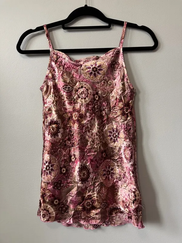Vintage Y2K FANG Satin Floral Slip Spaghetti Strap Tank Top in Pink Brown Size L - Image 4