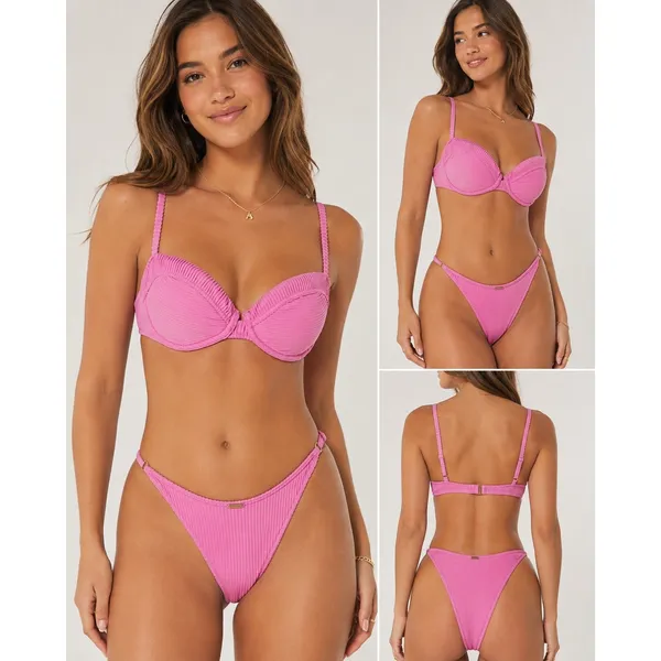 Hollister Bikini Set Womens M/S Pink Ribbed Underwire High Cut Swim 36B - Image 2