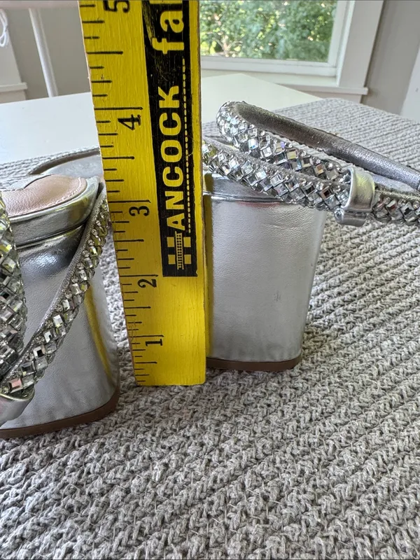 Steve Madden Hurrah Silver Rhinestone Strap Square-Toe Heels Sandals Sz 9 - Image 8
