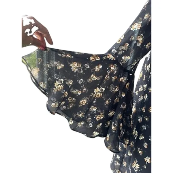 Philosophy Black Floral Chiffon Shift Dress Sz Small Tie Keyhole Flutter Sleeve - Image 8