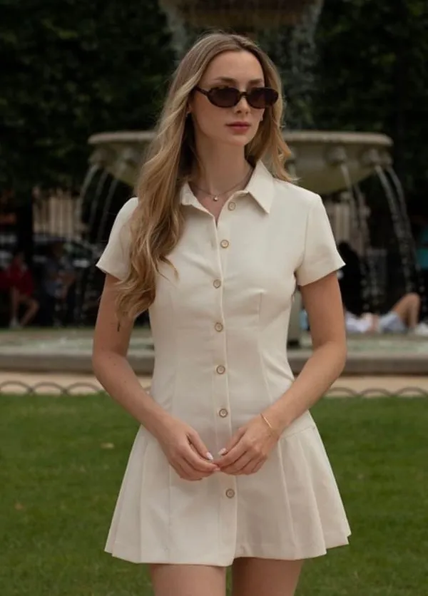 Zara mini dress pleated skirt collar button up ivory casual classic old money - Image 9