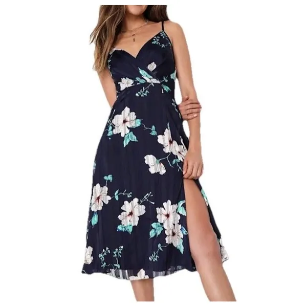 Lulus All About Love Navy Blue White Floral Print Textured Midi Dress Size XL - Image 10