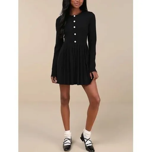 Lulus Black Ribbed Knit Button Front Pleated Skirt‎ Dress Size M - Image 6